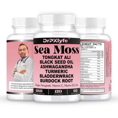 DrPKLyfe Sea Moss Capsules for Energy, Thyroid Muscle Support - Includes Black Seed Oil, Ashwagandha, Ginger, Burdock Root, Tongkat Ali - 120 Capsules (60-Day Supply)