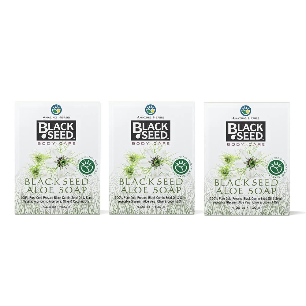 Amazing Herbs Black Seed Soap - 100 Pure Cold-Pressed Black Cumin Seed Oil, All Natural, Free of Colors, Dyes, Fragrances - Black Seed Aleo Vera Soap, 4.25 Oz (Pack of 3)