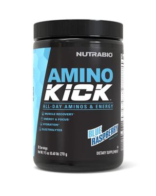 NutraBio Amino Kick - Amino Acid Energy Formula - BCAA&#39;s, Electrolytes for Hydration, Natural Caffeine 30 Servings (Blue Raspberry)