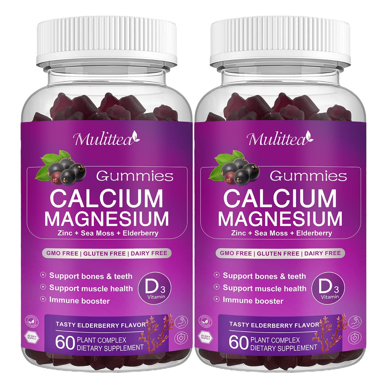 Calcium Magnesium Zinc Gummies with High Absorption Magnesium Glycinate 200mg, Potassium -Plant Calcium Supplement w D3 Sea Moss for Bone, Muscles, Calm Mood Sleep Support- Kids adults (2 Pack)