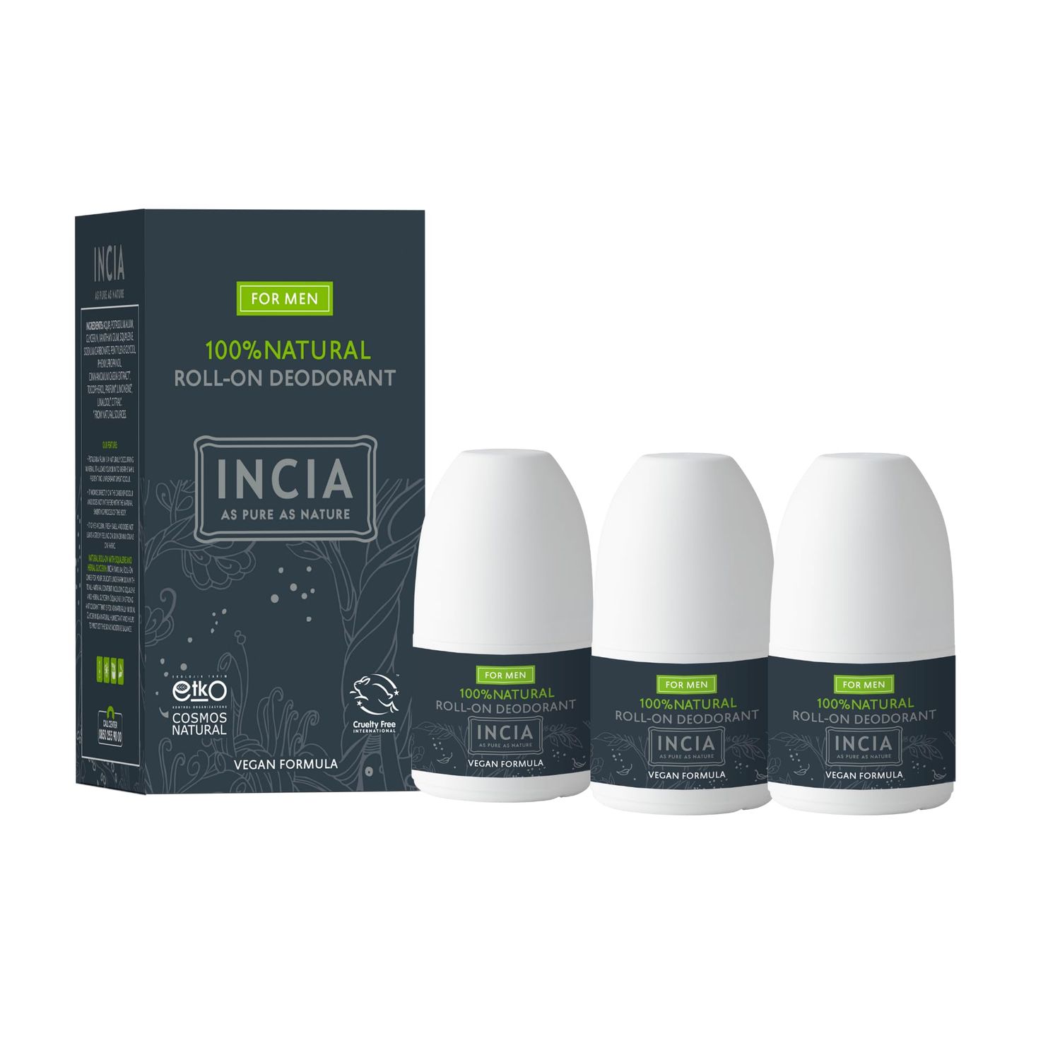 Incia, Natural Deodorant Vegan Aluminum Free Deodorant for Men Fresh Cruelty Free, Paraben Free, Natural Fragrance (Men, Pack of 3)