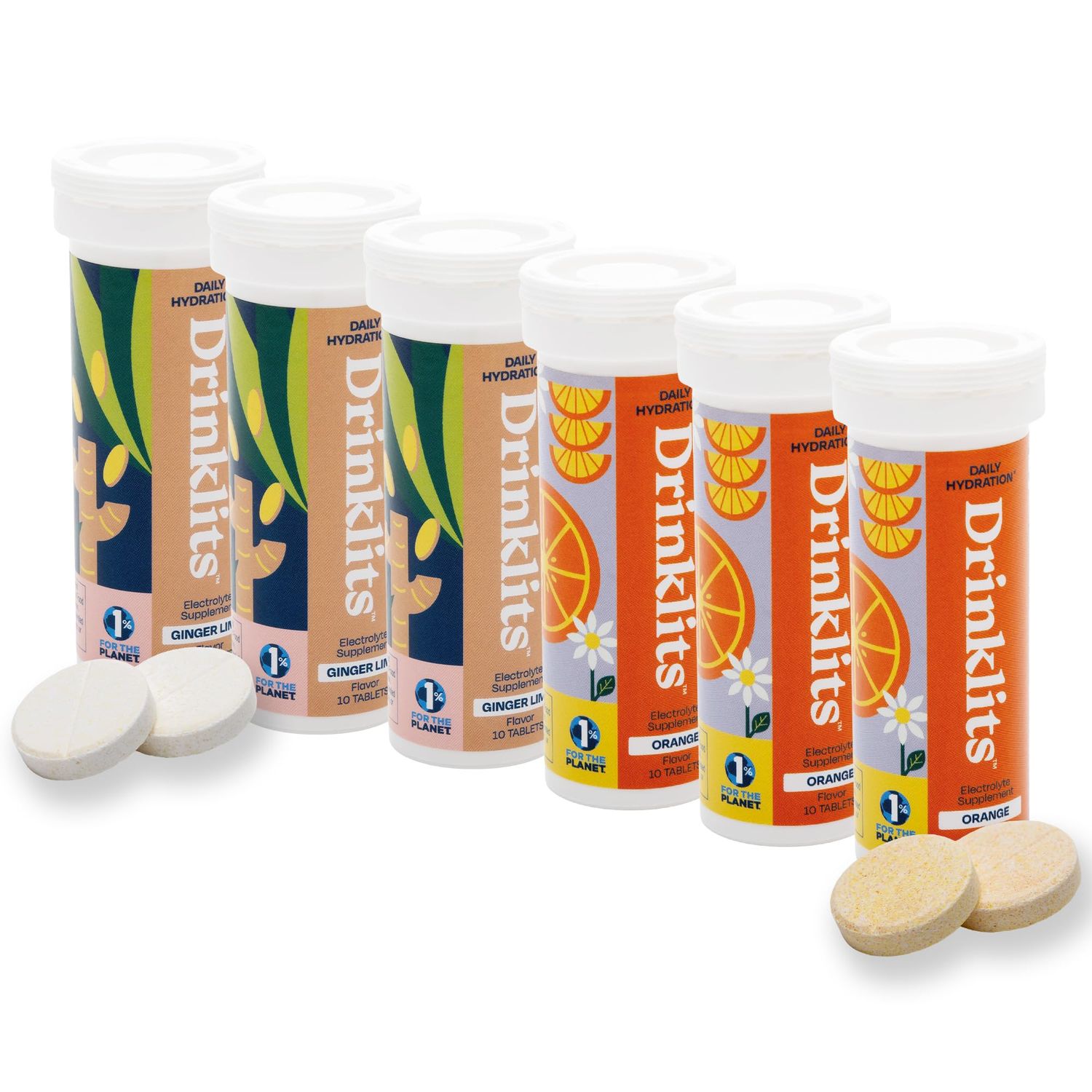 Drinklits Ginger Lime Orange Electrolyte Hydration Tablets (6) Tube Bundle Daily Sports Drink - 0g Sugar - Great Taste 60 Servings - 10 Tablets Per Tube