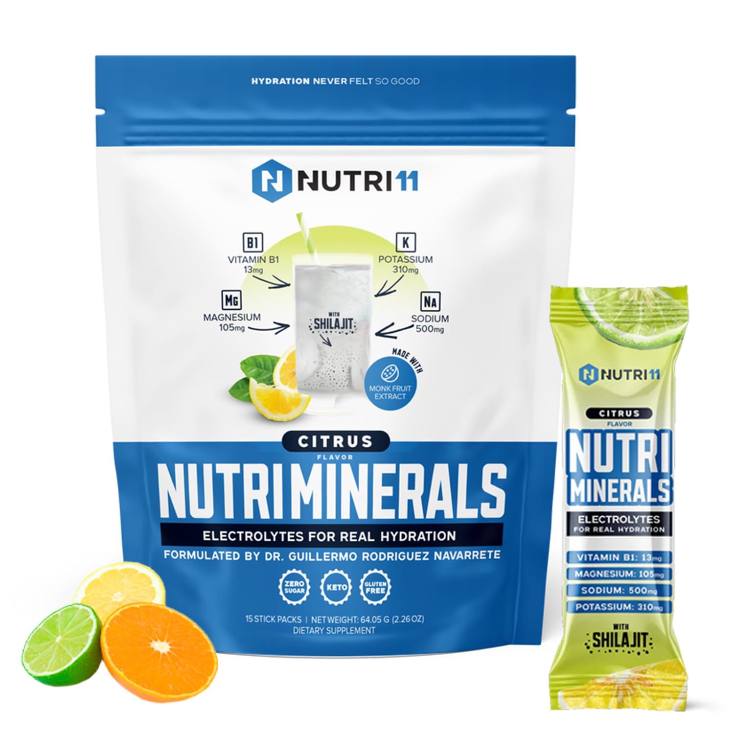 NUTRIMINERALS Hydration Electrolyte Powder Advanced Vitamin B1, Shilajit Pink Himalayan Salt Zero Sugar 15 Stick Packs Clean Energy, Recovery Detox Support (15 Sticks Pack, Citrus)