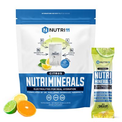NUTRIMINERALS Hydration Electrolyte Powder Advanced Vitamin B1, Shilajit Pink Himalayan Salt Zero Sugar 15 Stick Packs Clean Energy, Recovery Detox Support (15 Sticks Pack, Citrus)