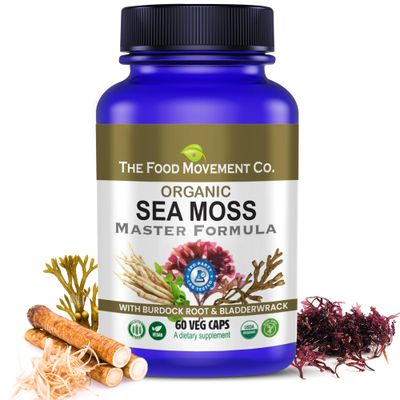 THE FOOD MOVEMENT CO. Sea Moss Master Formula with Burdock Root Bladderwrack for Gut Health Organic Vegan Supplement for Women Men Irish Sea Moss Blend for Optimal Well-Being (60)