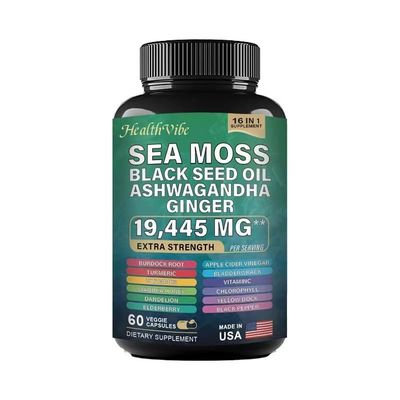 Sea Moss Capsules with 16-in-1 BlackSeed Oil Ashwagandha Ginger Burdock ACV Turmeric Bladderwrack VIT D3 VIT C Manuka Chlorophyll Danelion Yellow Dock Elderberry.