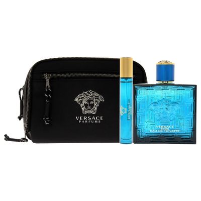 Versace Versace Eros 3.4oz EDT Spray, 0.3oz EDT Spray, Pouch Men 3 Pc Gift Set