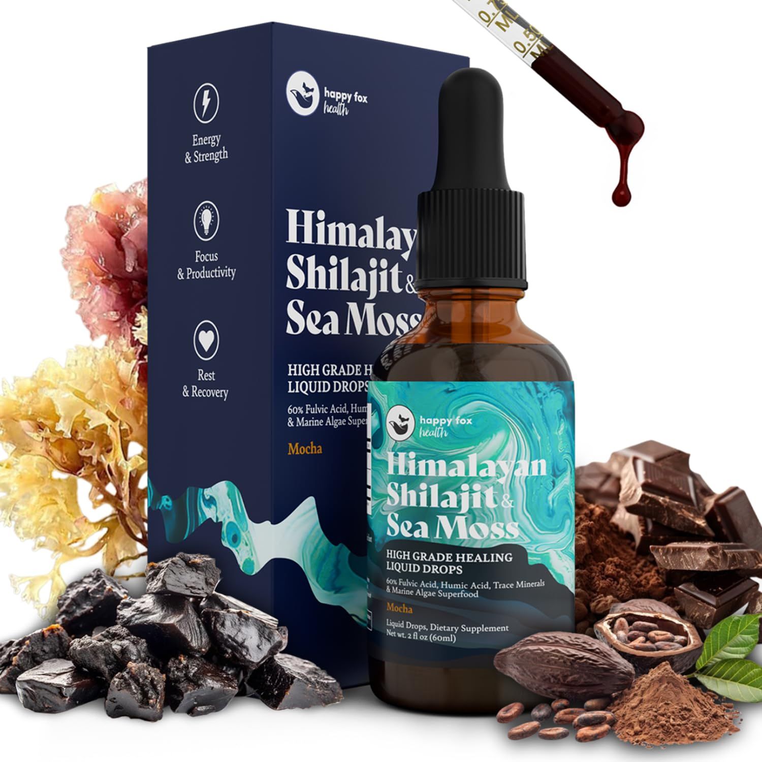 Pure Himalayan Shilajit Irish Sea Moss Liquid Drops, 85 Trace Minerals, 60 Fulvic Acid in Great Tasting Mocha Flavor. High Grade Healing Boosts Vitality, Productivity Collagen