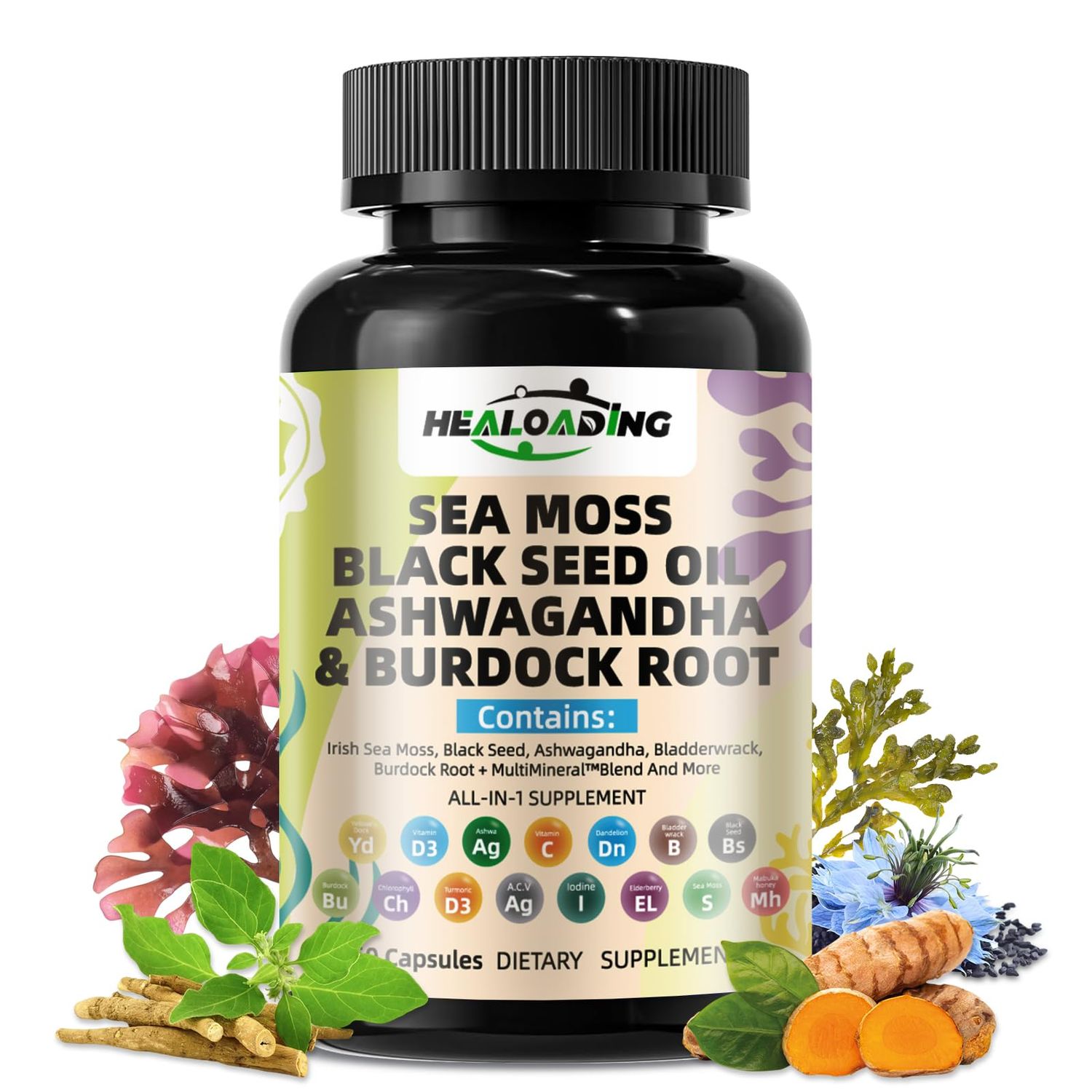 HEALOADING Sea Moss Capsules with Black Seed Oil, Ashwagandha, Turmeric, Bladderwrack, Burdock, Vitamin CD3 for Immune System, Skin and Energy Support