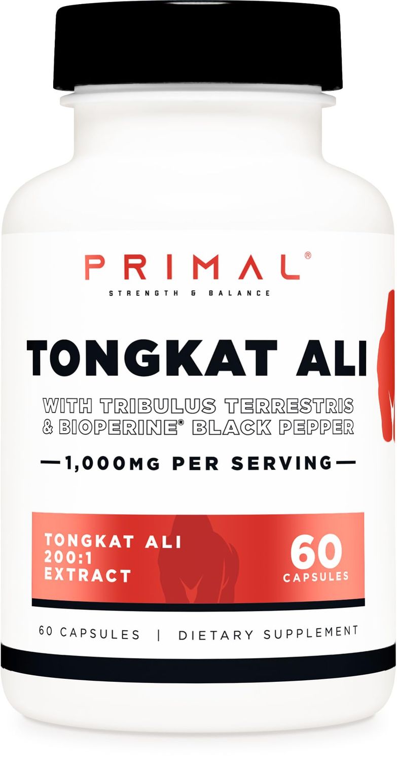 Primal Tongkat Ali Capsules (60 Capsules 30 Servings, 1,000 mg Per Serving) Modernized Traditional Energy and Performance Support for Men - Gluten Free, Non-GMO Herbal Nutritional Supplement