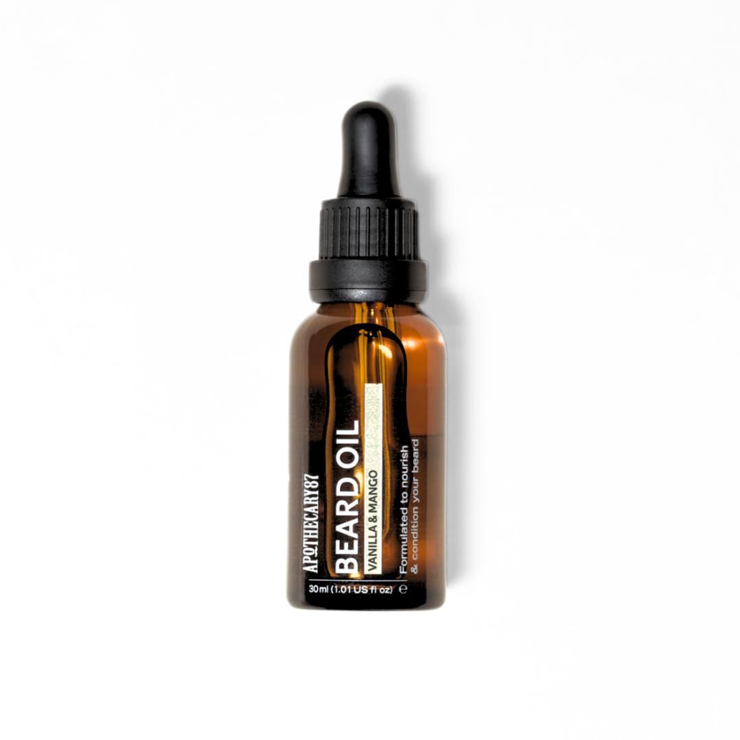 Apothecary 87 Beard Oil Vanilla Mango Fragrance Premium Formulation With Plant Extracts Beard Conditioner, Nourishes, Softens and Moisturises, Reduces Irritation (1.01 Fl. Oz, Vanilla Mango)