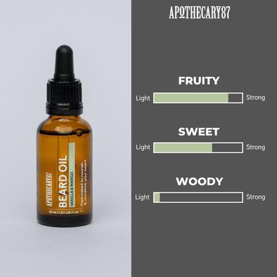 Apothecary 87 Beard Oil Vanilla Mango Fragrance Premium Formulation With Plant Extracts Beard Conditioner, Nourishes, Softens and Moisturises, Reduces Irritation (1.01 Fl. Oz, Vanilla Mango)
