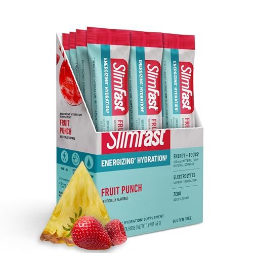 SlimFast Hydration Packets, Intermittent Fasting Electrolytes, Energy Powder Drink Mix, Caffeine from Natural Sources- Fruit Punch (12 Count)