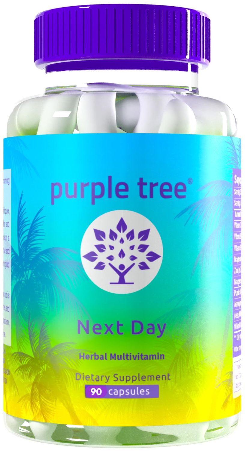 purple tree Next Day, Post-Celebration Wellness - Take Tomorrow Replenish Feel Your Best Ashwagandha, Ginger, Peppermint, Milk Thistle, Electrolytes, Vitamins, 90 Pills