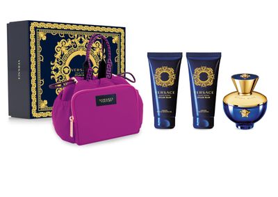 Versace Dylan Blue for Women - 4 Pc Gift Set - 3.4oz EDP Spray, 3.4oz Sublime Body Lotion, 3.4oz Sublime Bath and Shower Gel, Makeup Case