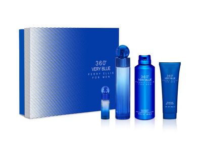 Perry Ellis 360 Very Blue 4 Pieces Gift Set for Men, (3.4 Ounce Eau de Toilette Spray 6.8 Ounce Body Spray 3.0 Ounce Shower Gel 0.25 Ounce Eau de Toilette Spray)