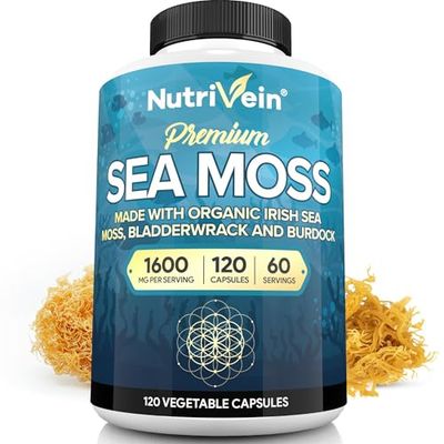 Nutrivein Organic Sea Moss 1600mg Plus Bladderwrack Burdock - 120 Capsules - Prebiotic Super Food Boosts The Immune System Digestive Health - Thyroid, Healthy Skin, Keto Detox, Gut, Joint Support