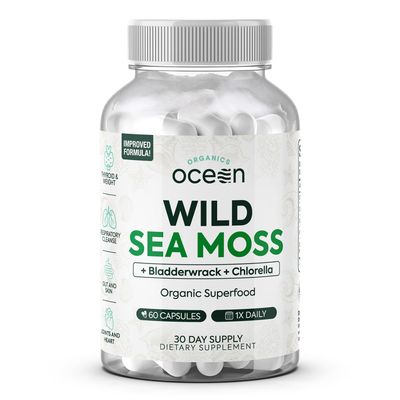 Organics Ocean Wild Sea Moss Capsules - 100 Organic Irish Sea Moss with Organic Chlorella, Bladderwrack and Vitamin D for Energy, Lung Health and Thyroid Support for Women and Men - 60 Capsules