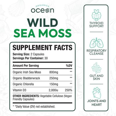 Organics Ocean Wild Sea Moss Capsules - 100 Organic Irish Sea Moss with Organic Chlorella, Bladderwrack and Vitamin D for Energy, Lung Health and Thyroid Support for Women and Men - 60 Capsules