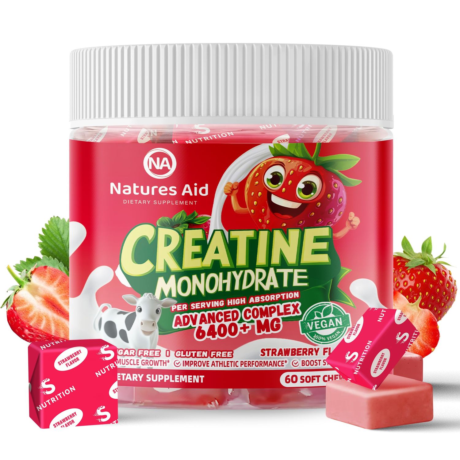 Creatine Monohydrate Chews Complex for Men Women -Advanced Formula WL-Taurine Vitamin B12, Sugar Free Chewable Supplement,60 Strawberry Softchews.