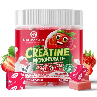 Creatine Monohydrate Chews Complex for Men Women -Advanced Formula WL-Taurine Vitamin B12, Sugar Free Chewable Supplement,60 Strawberry Softchews.