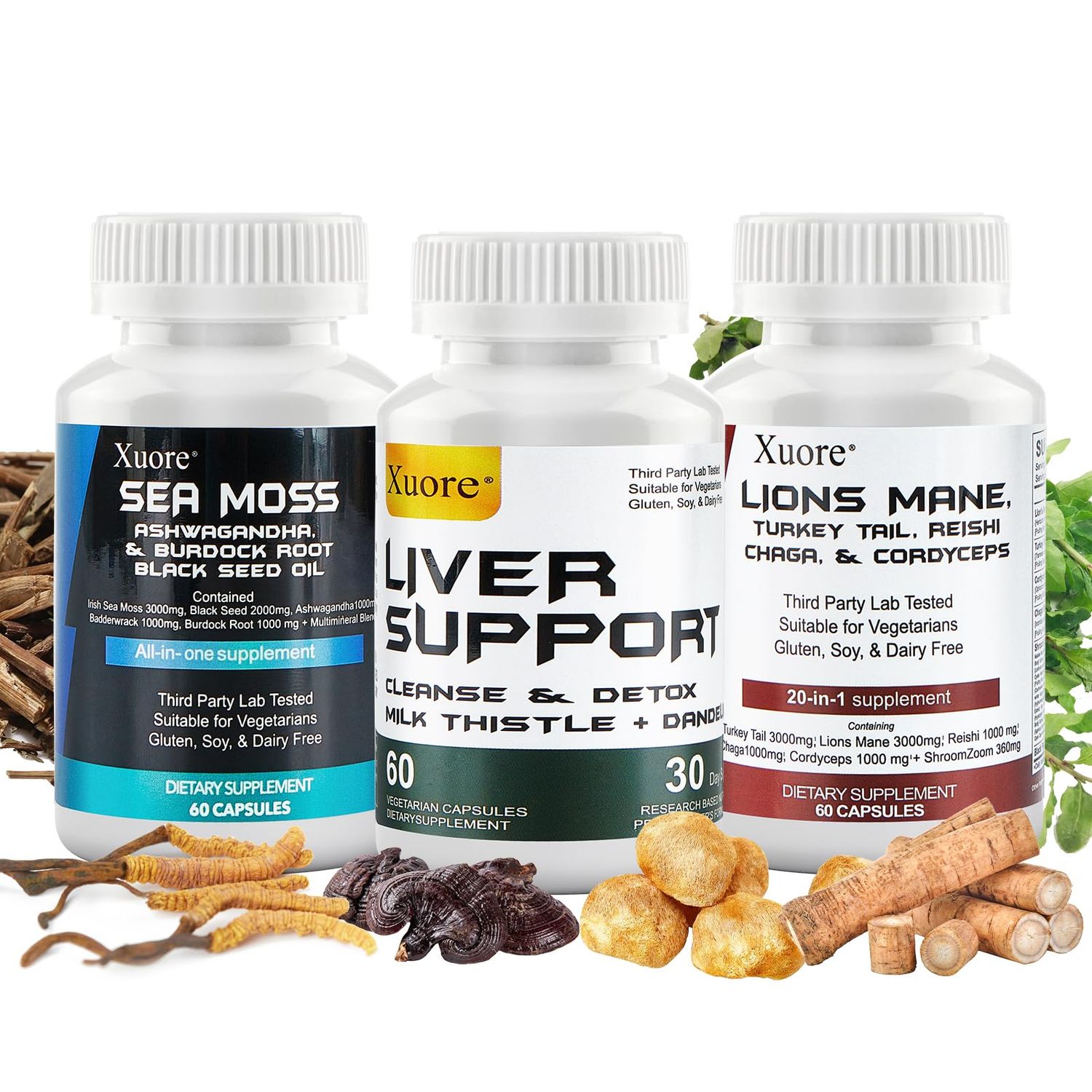 Sea Moss, Black Seed Oil,Mushroom Herb Supplement with Lions Mane, Turkey Tail, Reishi, Cordyceps, Chaga,And Liver Cleanse and Detox Repair - with Milk Thistle ,All In One Supplment (3 packages).