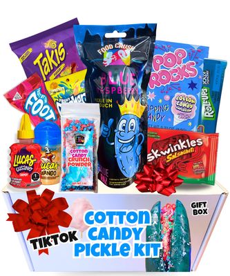 Cotton Candy Pickle Kit Valentines Day Gift Box-WBlue Pickle, Takis, Cotton Candy Crunch, Cotton Candy Pop Rocks, Lucas Gusano Chamoy, Skwinkles, Tiktok gifts for kids teen girls boys by FoodCrush