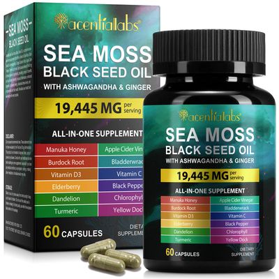 Sea Moss Black Seed Oil Ashwagandha Ginger, Sea Moss Capsule Supplement with Turmeric Burdock Root Bladderwrack Vitamin C Vitamin D3 Enhanced Immunity Energy Sea Moss Black Seed Oil Capsule 60 Count