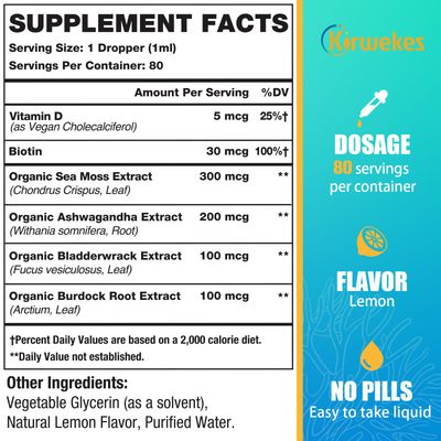 Kirwekes Sea Moss Ashwagandha Root Drops - 10X Stronger Seamoss Ashwagandha for Women Men, Sea Moss Drops for Mood, Immunity, Digestive, Energy, Skin, Hair JointLemon Flavour - 80 Servings