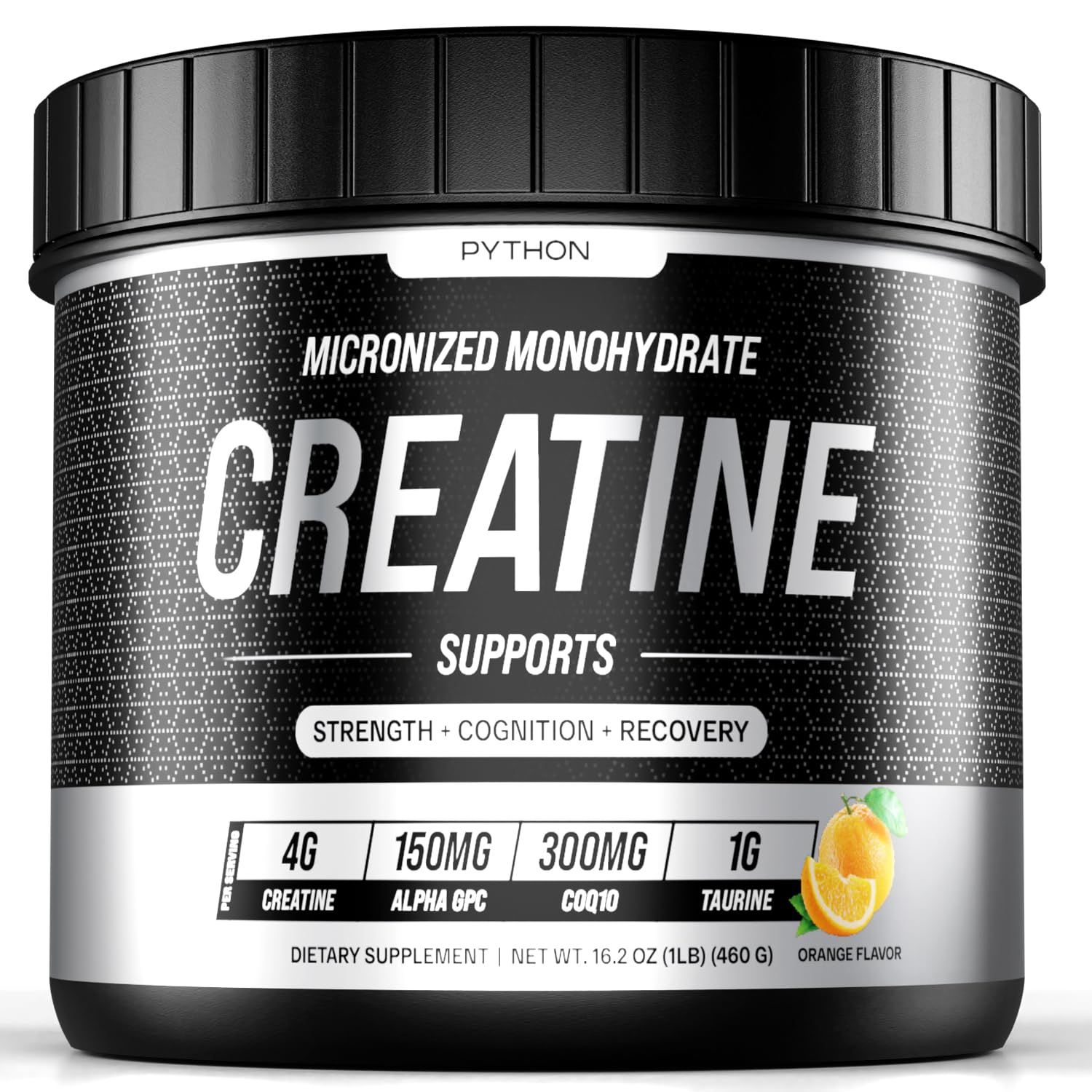 Python Creatine Monohydrate Gummies 5800mg per Serving - Taurine, Alpha GPC, CoQ 10, Magnesium Electrolytes Vitamins - Faster Muscle Growth, Recovery - Gluten-Free, Vegan (Natural Orange, 120 Count)