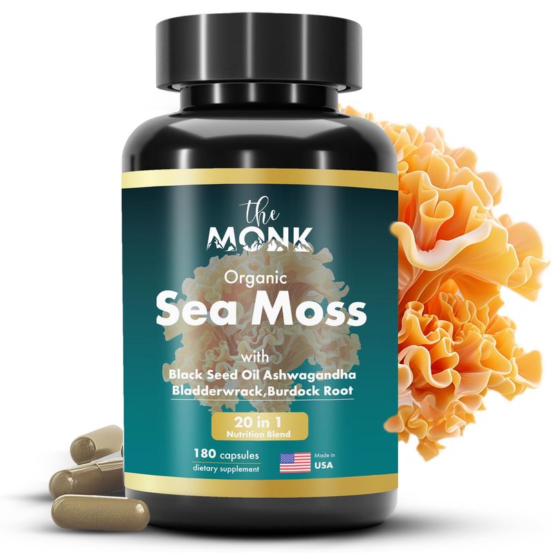 Organic Irish Sea Moss Capsules - Advance Formula, Raw Wildcrafted Seamoss Supplement with Bladderwrack and Burdock Root - 180 Pills - Made in The USA