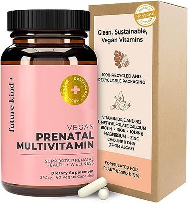 Future Kind Vegan Prenatal Vitamin with DHA L-Methylfolate in Glass Bottle - Prenatal Folate Supplement for Women with Vitamin D E, Iron Biotin - Gluten-Free, Non-GMO (60ct)