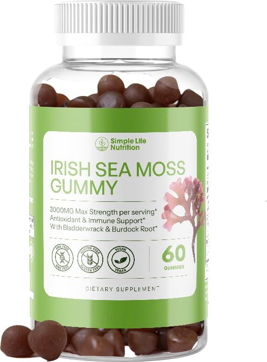 Simple Life Nutrition Organic Irish Sea Moss Gummies - Burdock Root and Bladderwrack Natural Blend - Immune System Gut Cleanse Thyroid Supplement - Skin and Nail Health - 60CT