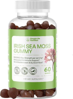 Simple Life Nutrition Organic Irish Sea Moss Gummies - Burdock Root and Bladderwrack Natural Blend - Immune System Gut Cleanse Thyroid Supplement - Skin and Nail Health - 60CT