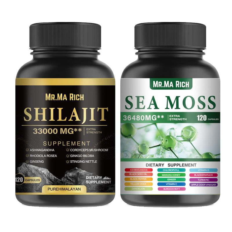 Sea Moss and Shilajit Capsule Bundle, Ashwagandha Rhodiola Rosea Ginseng Cordyceps Mushroom Ginkgo Biloba Stinging Nettle Magic Moss Blendim Black Seed Turmeric Bladderwrack Burdock Black Pepper