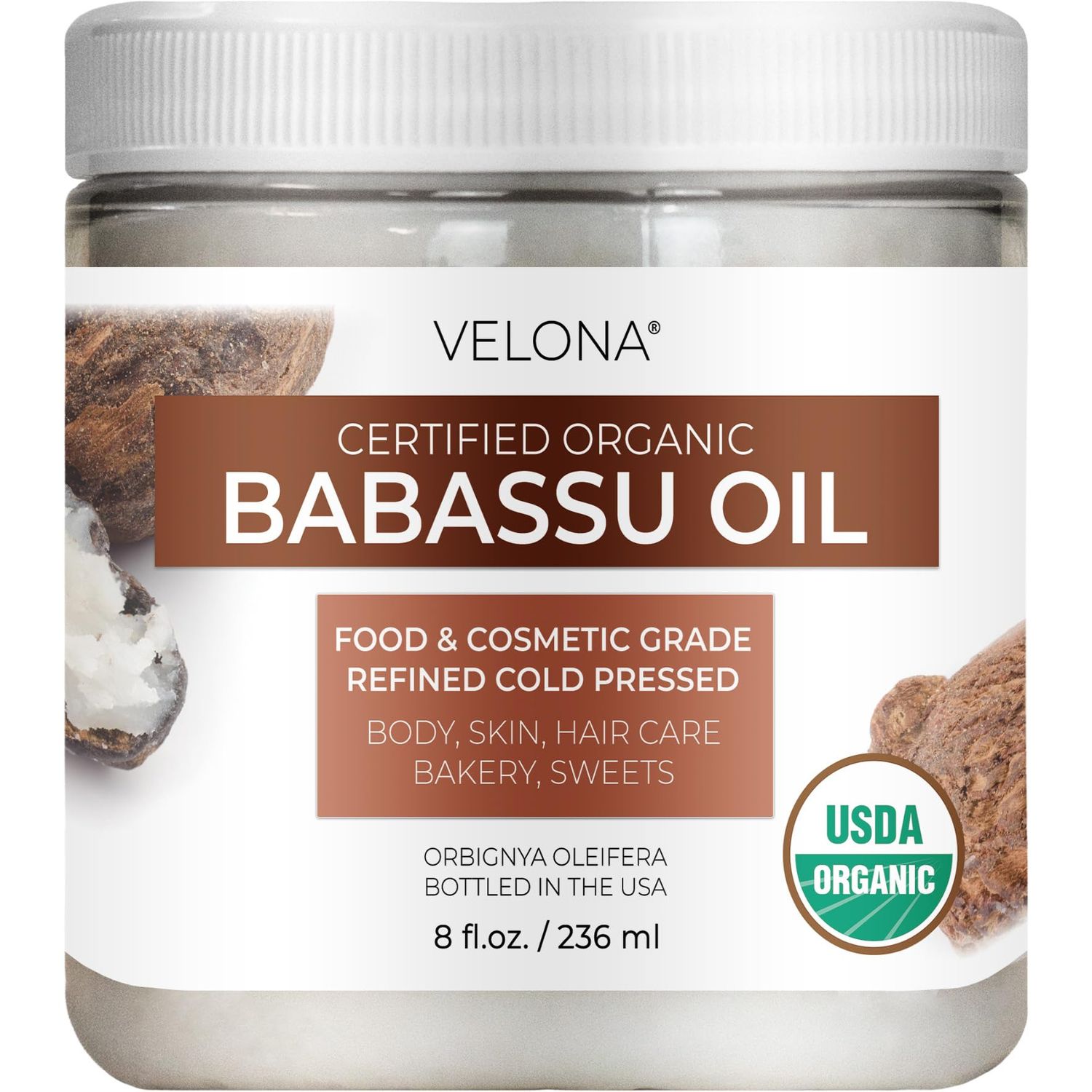 velona Babassu Oil USDA Certified Organic - 8 Fl Oz 100 Pure and Natural Carrier Oil Refined, Cold Pressed Face, Hair, Body Skin Care and Cooking Use Today - Enjoy Results