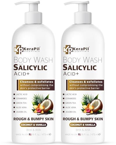KERAPIL Exfoliating Body Wash with Salicylic Acid - No Dry Out, Gentle Exfoliates Rough and Bumpy Skin, Body Acne Wash, BHA AHA - Coconut and Vanilla Salicylic Acid Body Wash - (16 fl oz x 2)