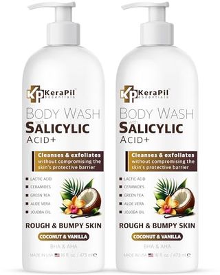 KERAPIL Exfoliating Body Wash with Salicylic Acid - No Dry Out, Gentle Exfoliates Rough and Bumpy Skin, Body Acne Wash, BHA AHA - Coconut and Vanilla Salicylic Acid Body Wash - (16 fl oz x 2)