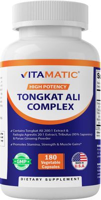 Vitamatic Tongkat Ali Extract 200 1 Extract for Men (Longjack) Eurycoma Longifolia - 1800 mg Per Serving - Made with Fadogia Agrestis 201 Extract, Tribulus 95 Panax Ginseng - 180 Capsules