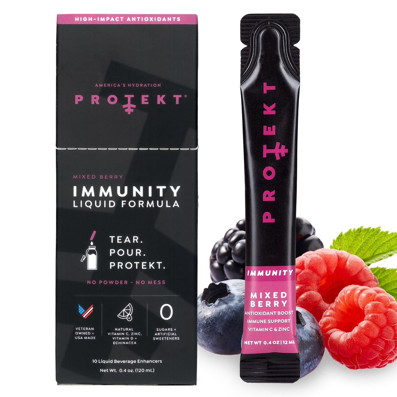 PROTEKT Liquid Immune Support Supplement - Liquid Drink Mix, Immunity Supplement, Immune Boosters for Adults, Sugar-Free with Vitamin C and Zinc Immunity Support - Mixed Berry 10ct