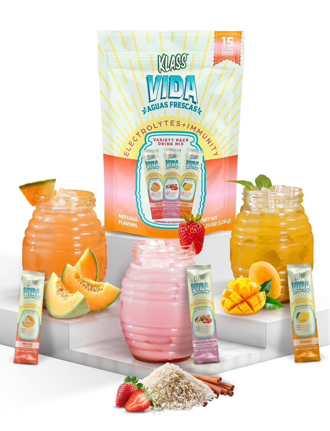KLASS VIDA Hydration Immunity Sugar-Free Powder Packets Mango, Horchata Fresa Cantaloupe Electrolyte Agua Fresca Drink Mix Wellmune Acerola Extract 15 Single Serve Sticks Low Calorie