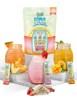 KLASS VIDA Hydration Immunity Sugar-Free Powder Packets Mango, Horchata Fresa Cantaloupe Electrolyte Agua Fresca Drink Mix Wellmune Acerola Extract 15 Single Serve Sticks Low Calorie
