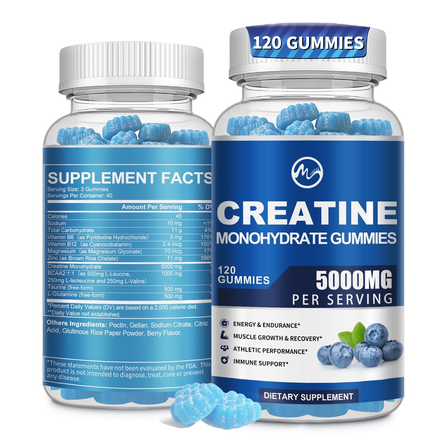 Creatine Monohydrate Gummies 5000mg with Taurine and L-Glutamine, Blueberry Flavored Creatine Monohydrate for Men and Women, Pre Workout Supplement for Muscle Strength and Energy Boost, 120 Gummies