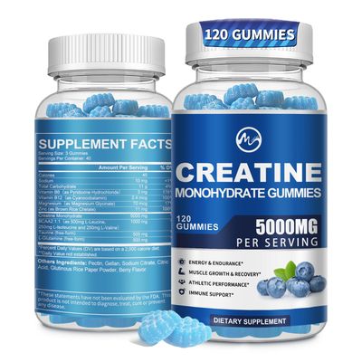 Creatine Monohydrate Gummies 5000mg with Taurine and L-Glutamine, Blueberry Flavored Creatine Monohydrate for Men and Women, Pre Workout Supplement for Muscle Strength and Energy Boost, 120 Gummies
