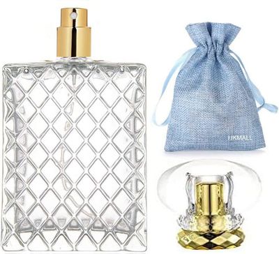 JJKMALL 100ml (3.4 oz) Premium Thick Glass Refillable Perfume Bottle Gold Sprayer - Includes Funnel, 3ml Dropper Luxury Gift Bag - Travel-Friendly Atomizer for Fragrance, Essential Oils Makeup