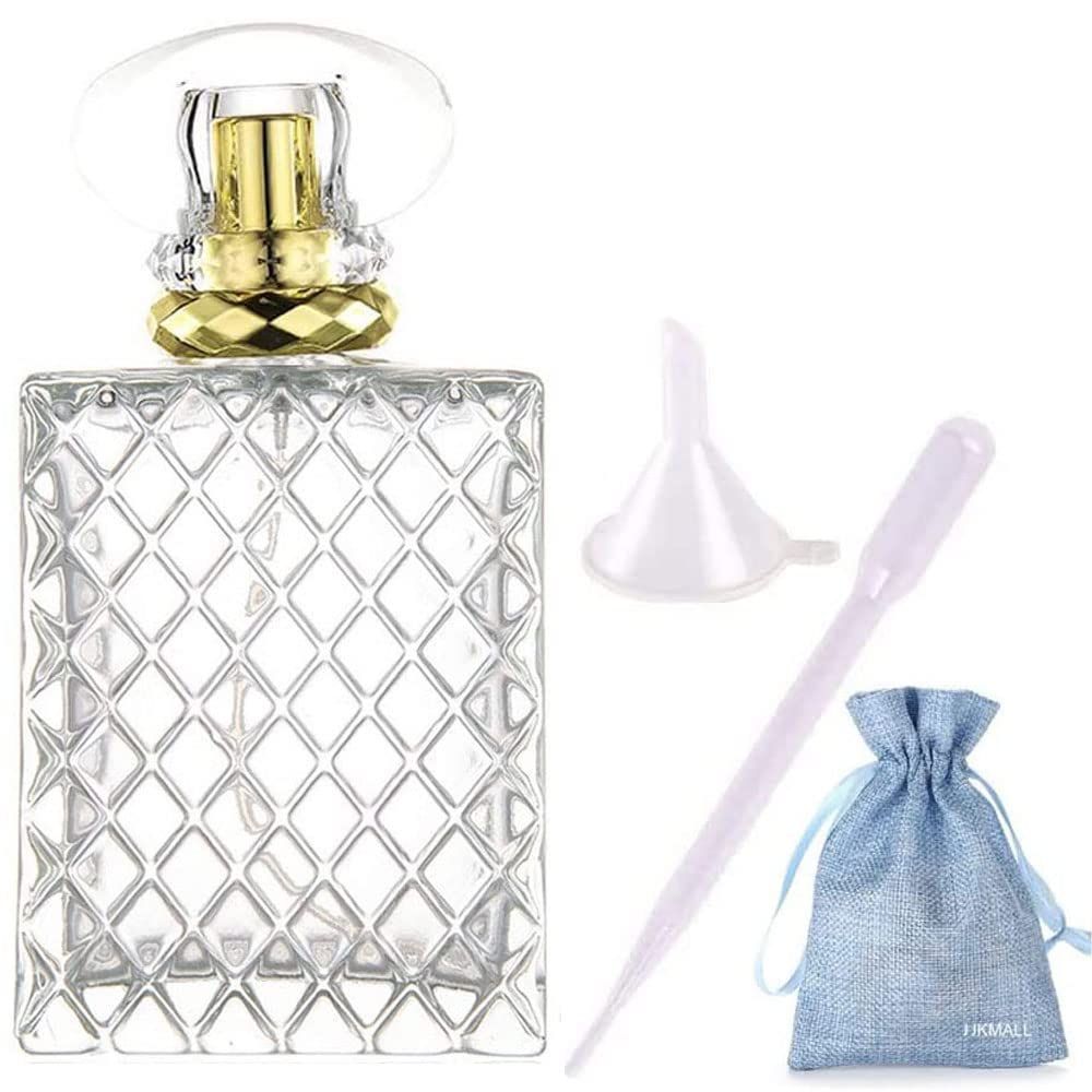 JJKMALL 100ml (3.4 oz) Premium Thick Glass Refillable Perfume Bottle Gold Sprayer - Includes Funnel, 3ml Dropper Luxury Gift Bag - Travel-Friendly Atomizer for Fragrance, Essential Oils Makeup