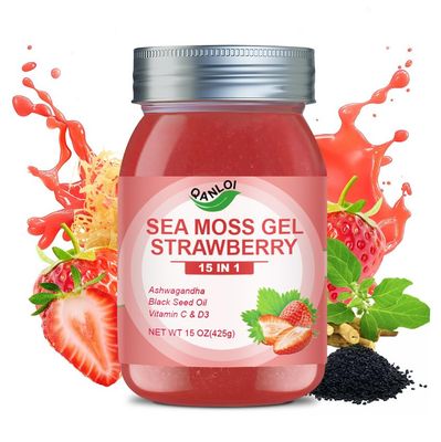 QANLOI 15OZ Strawberry Flavored Sea Moss Gel, 15-in-1 Ingredient, Rich in Ashwagandha, Vitamins and Minerals, Promotes Metabolism Improves Digestion