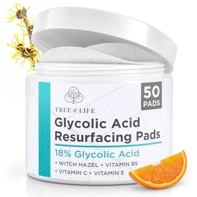 Tree of Life Beauty 18 Glycolic Acid Pads for Face (50 Pads) - Exfoliating Pad for Face with Witch Hazel, Vitamin C, Vitamin B5 and Vitamin E - Smooth Pore Pad Reduce Pigmentation and Fine Lines
