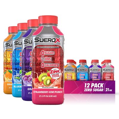 SueroX Zero Sugar Electrolyte Drink for Hydration and Recovery, Unique Blend of Electrolytes 8 Ions, Zero Calorie Sports Drink, 21.3 Fl Oz, Variety Pack, 12 Count
