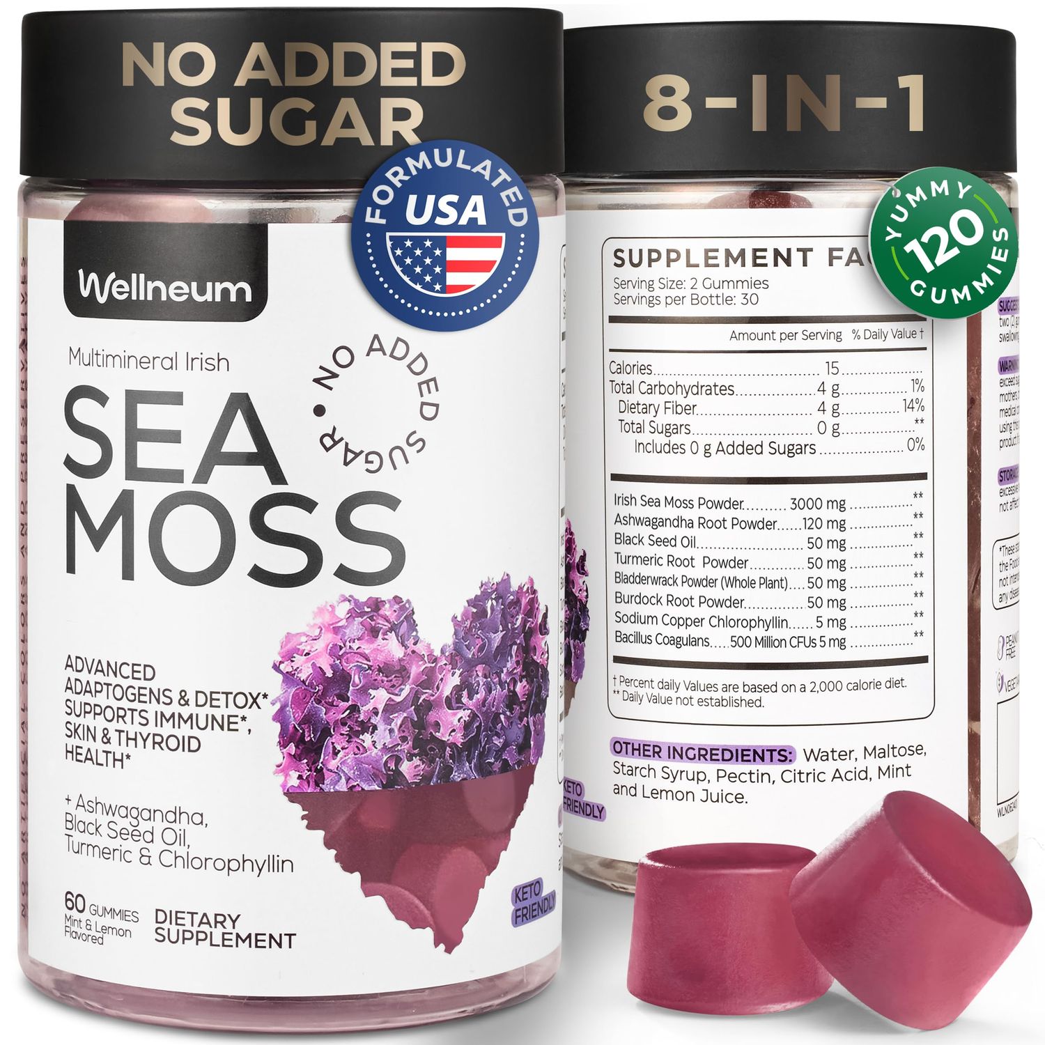 Multimineral Sea Moss Glow Gummies - Irish Seamoss for Immunity, Thyroid Health, Skin - Detox Cleanse Gummies with Black Seed Oil, Bladderwrack, Ashwagandha - No Sugar, GMO - for Men and Women
